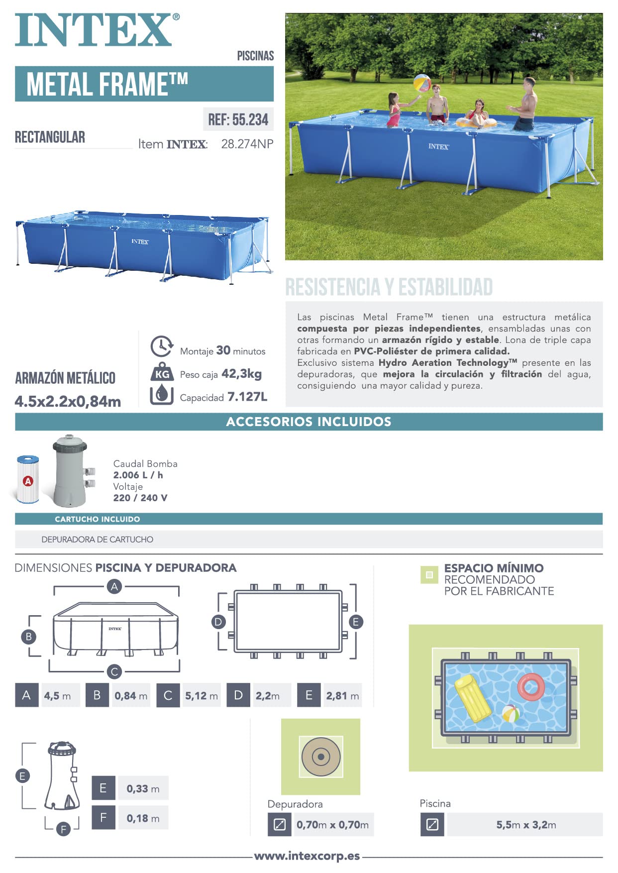 Piscina Desmontable Rectangular con Estructura Metálica, 450 x 220 x 84 cm, Capacidad 7.127 L, con Depuradora de Cartucho 2.006 L/h, Conexiones de 32 mm – Color Azul