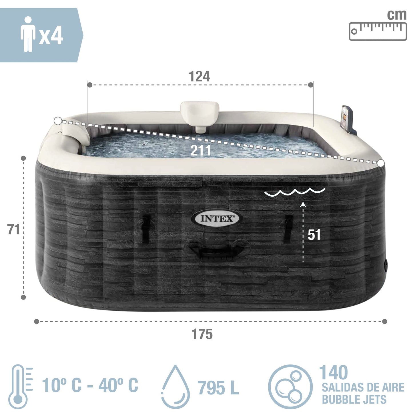 Intex 55090 - SPA Hinchable Exterior e Interior para 4 Personas, Medidas 175x175cm, Capacidad 795 litros, Temperatura del Agua 10º- 40º, SPA Inflable, bañera