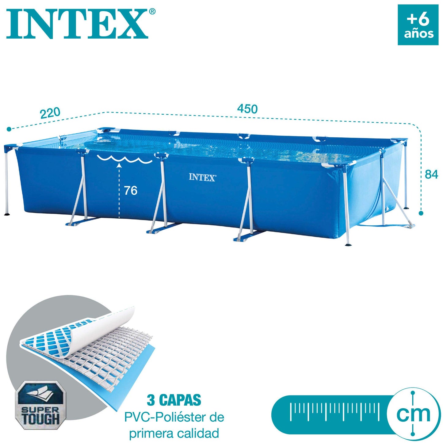 Piscina Desmontable Rectangular con Estructura Metálica, 450 x 220 x 84 cm, Capacidad 7.127 L, con Depuradora de Cartucho 2.006 L/h, Conexiones de 32 mm – Color Azul