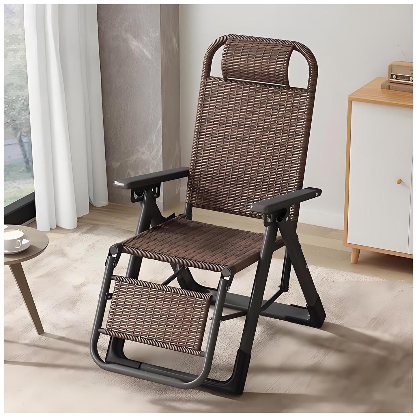 FLEPYHB Sillón Reclinable Plegable de Ratán para Exterior, con Reposacabezas, Ideal para Jardín, Patio, Piscina o Playa