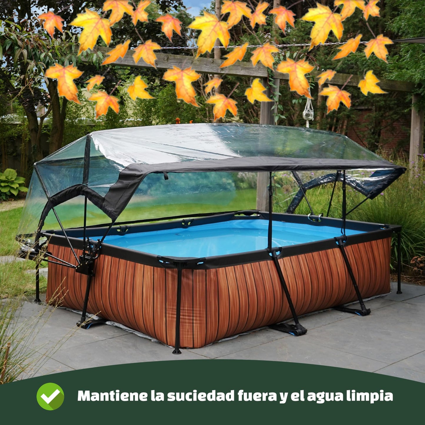 EXIT Toys Wood Pool con Cubierta Multifuncional - 300x200x65cm - Piscina de Marco Rectangular Compacta con Bomba de Filtro de Cartucho - Fácil Acceso - para Agua Limpia y Cálida - Marrón
