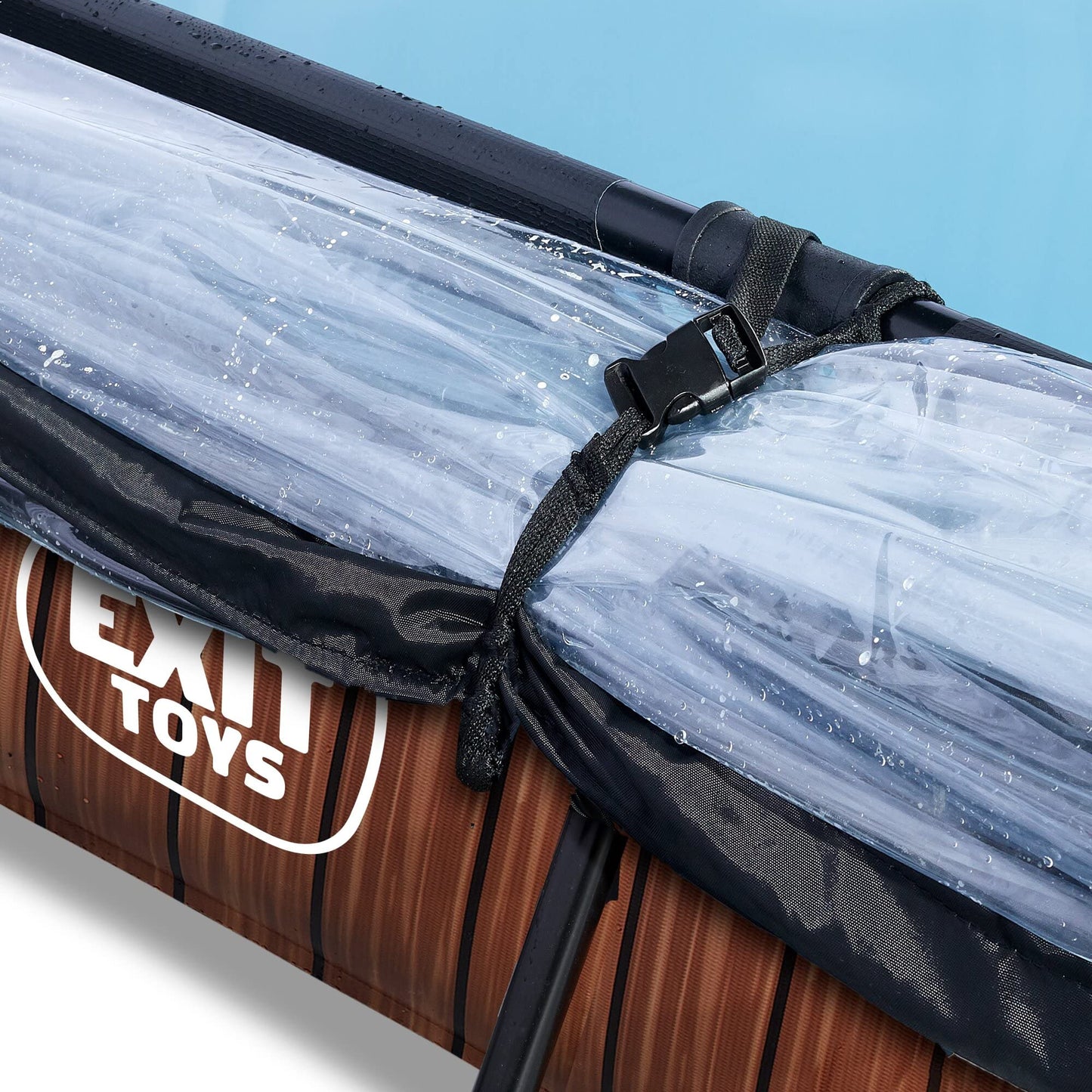 EXIT Toys Wood Pool con Cubierta Multifuncional - 300x200x65cm - Piscina de Marco Rectangular Compacta con Bomba de Filtro de Cartucho - Fácil Acceso - para Agua Limpia y Cálida - Marrón