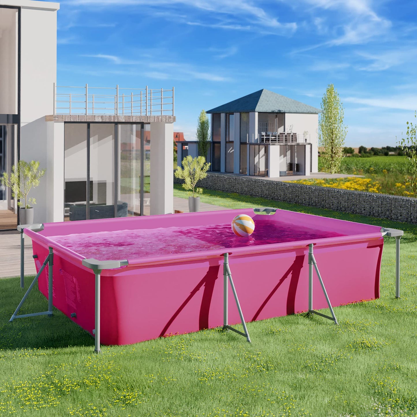 TecTake® Piscina Rectangular Desmontable, Incluye Filtro Depurador, Construcción Robusta, PVC Duradero, 300x207x7 cm, 4300 L, Rosa, Ideal para Actividades Recreativas al Aire Libre