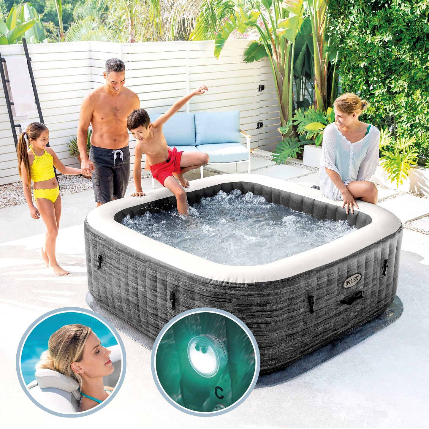 Intex 55090 - SPA Hinchable Exterior e Interior para 4 Personas, Medidas 175x175cm, Capacidad 795 litros, Temperatura del Agua 10º- 40º, SPA Inflable, bañera