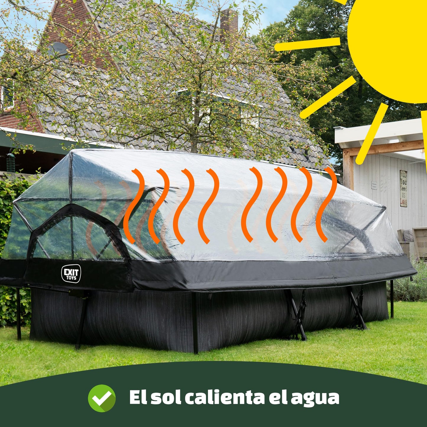 EXIT Toys Wood Pool con Cubierta Multifuncional - 300x200x65cm - Piscina de Marco Rectangular Compacta con Bomba de Filtro de Cartucho - Fácil Acceso - para Agua Limpia y Cálida - Marrón