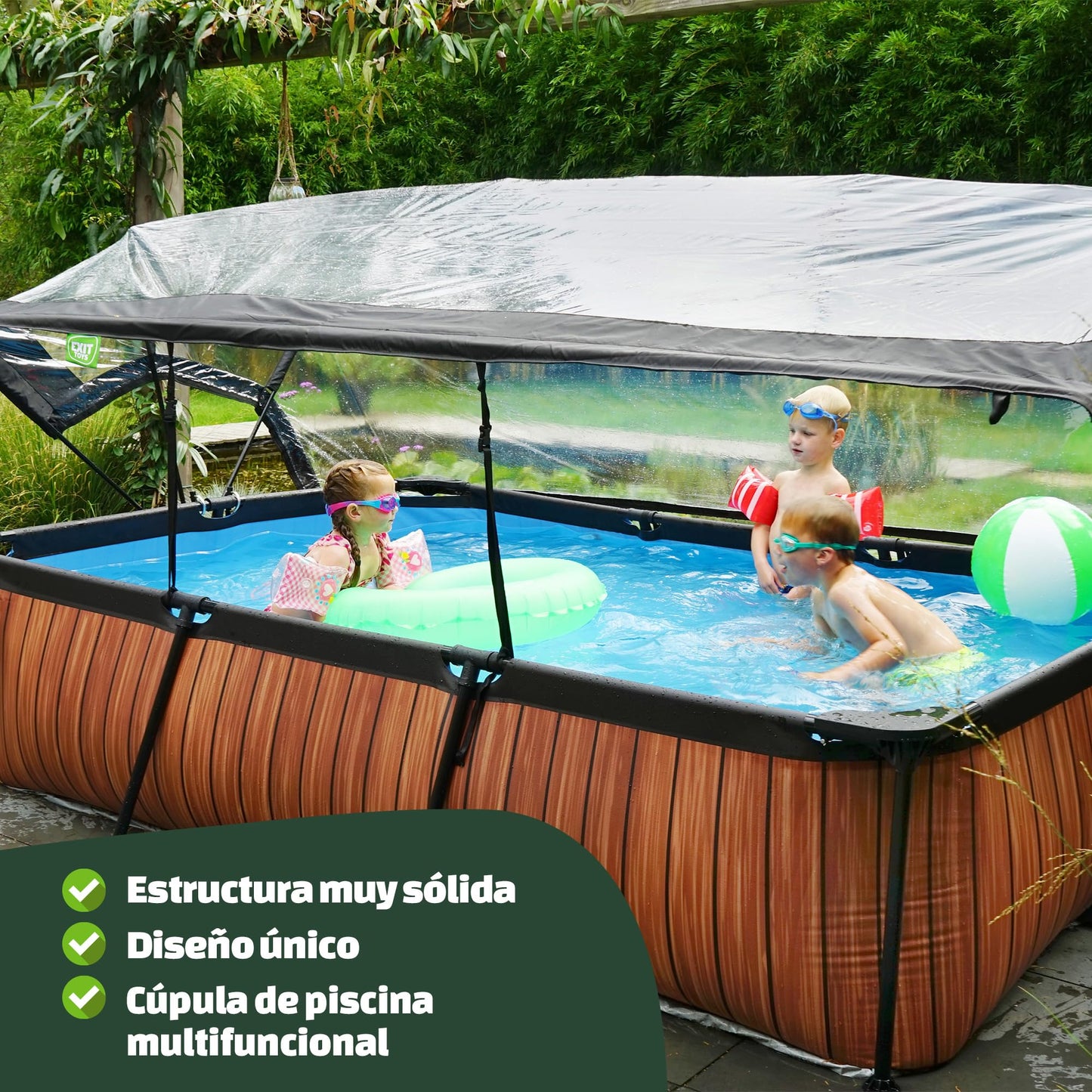 EXIT Toys Wood Pool con Cubierta Multifuncional - 300x200x65cm - Piscina de Marco Rectangular Compacta con Bomba de Filtro de Cartucho - Fácil Acceso - para Agua Limpia y Cálida - Marrón
