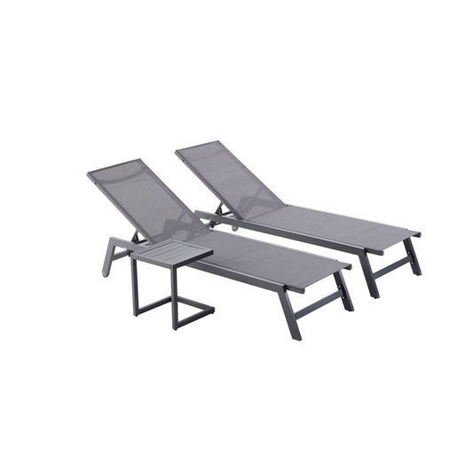 Set de 2 Tumbonas Reclinables con Mesa Auxiliar, Respaldo Ajustable, Estructura de Aluminio y Textilene, con Ruedas – Color Gris y Negro, Ideal para Jardín, Terraza, Playa o Piscina