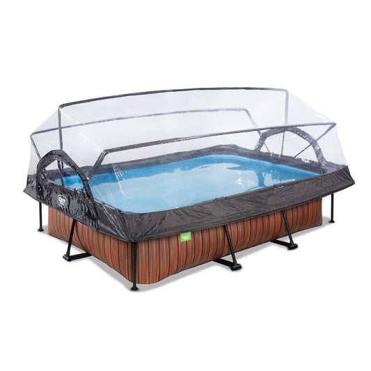 EXIT Toys Wood Pool con Cubierta Multifuncional - 300x200x65cm - Piscina de Marco Rectangular Compacta con Bomba de Filtro de Cartucho - Fácil Acceso - para Agua Limpia y Cálida - Marrón