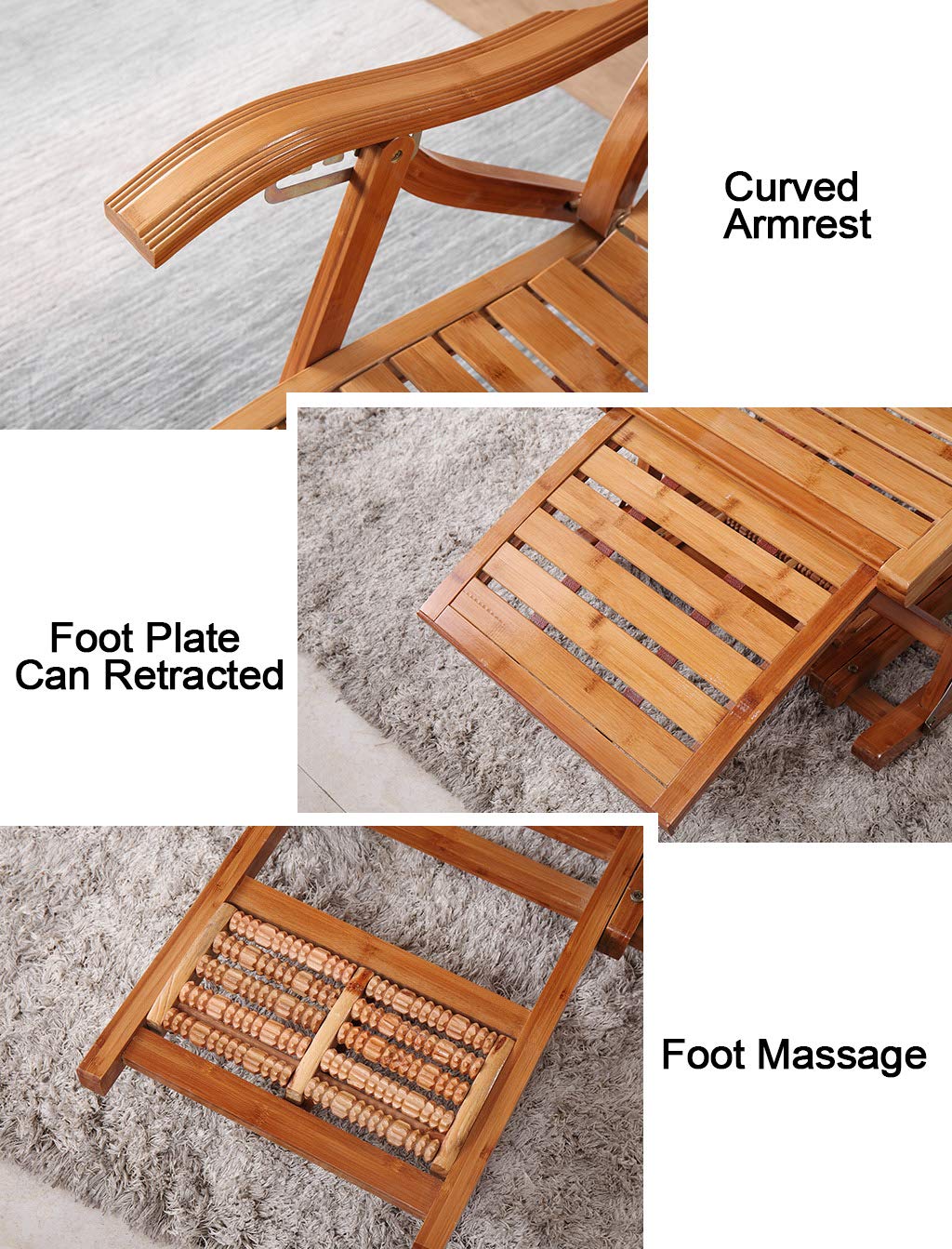 Tumbona Reclinable de Bambú YFF con Mecanismo de Gravedad Cero, Plegable y Acolchada, para Jardín, Patio o Piscina, Soporta hasta 250 kg