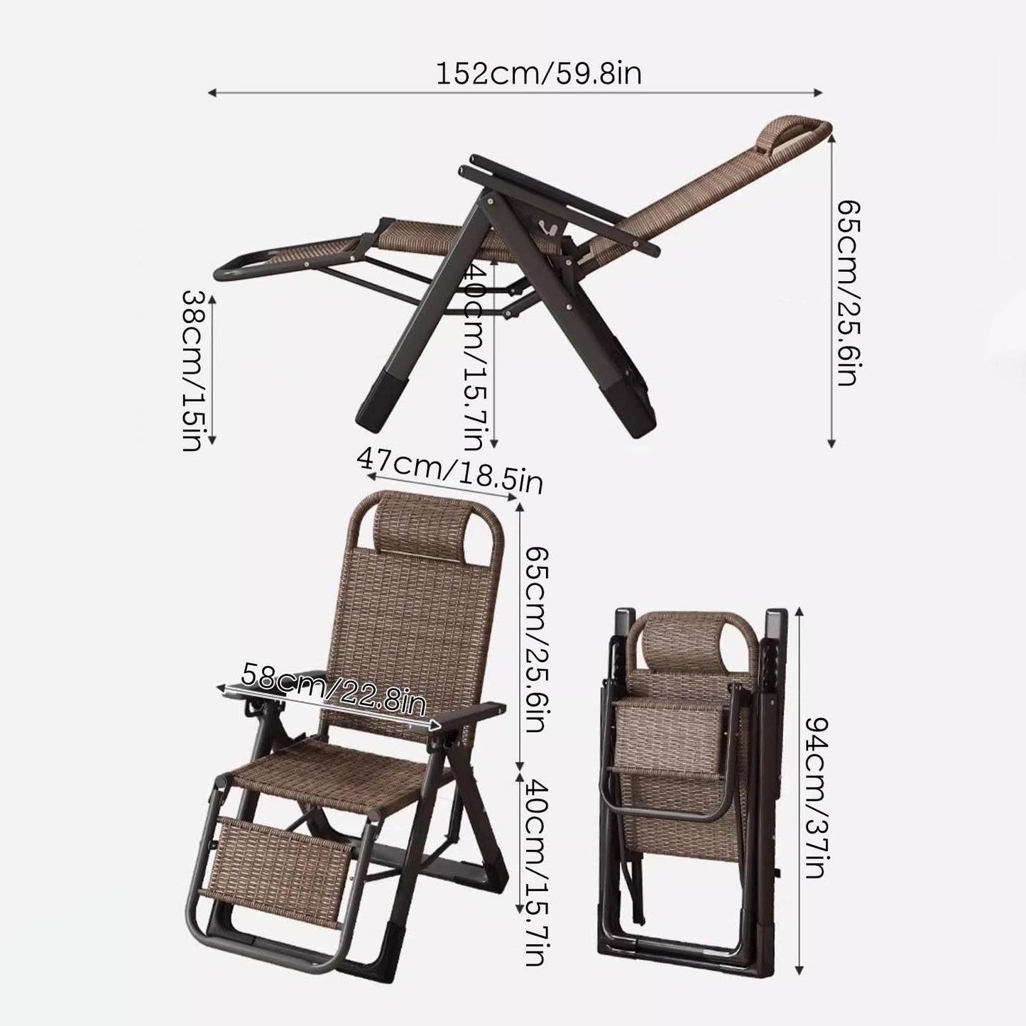 FLEPYHB Sillón Reclinable Plegable de Ratán para Exterior, con Reposacabezas, Ideal para Jardín, Patio, Piscina o Playa