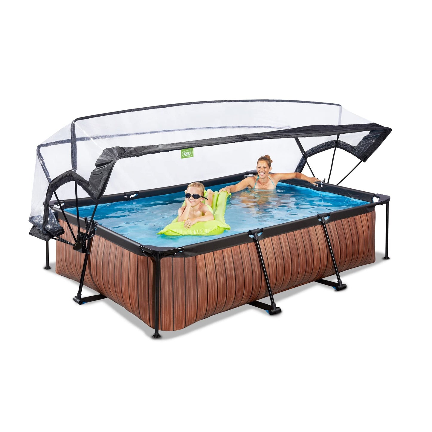 EXIT Toys Wood Pool con Cubierta Multifuncional - 300x200x65cm - Piscina de Marco Rectangular Compacta con Bomba de Filtro de Cartucho - Fácil Acceso - para Agua Limpia y Cálida - Marrón