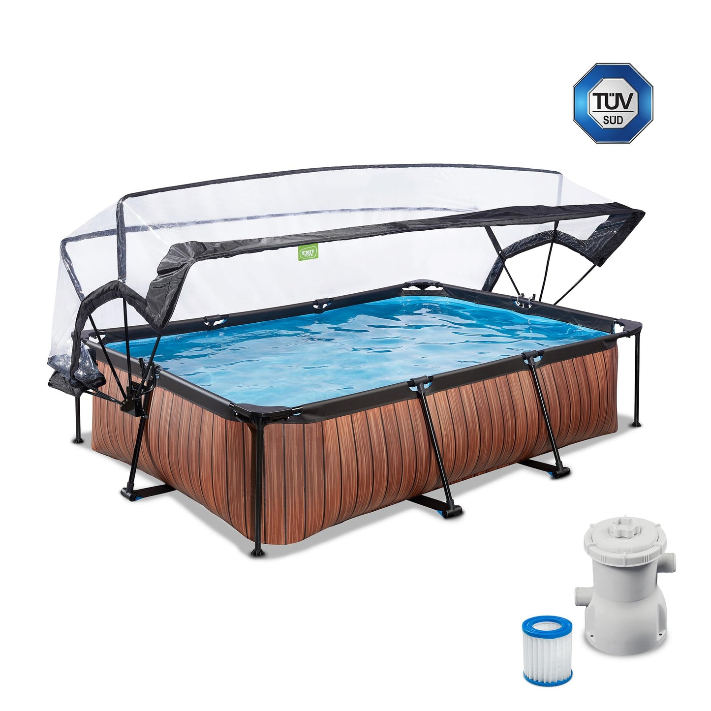 EXIT Toys Wood Pool con Cubierta Multifuncional - 300x200x65cm - Piscina de Marco Rectangular Compacta con Bomba de Filtro de Cartucho - Fácil Acceso - para Agua Limpia y Cálida - Marrón